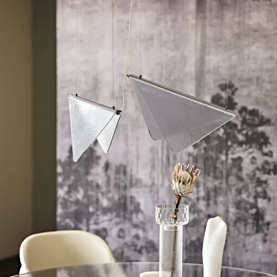 Elegant Cattelan Italia Velar suspension lamp with folded transparent glass and thin metal frame