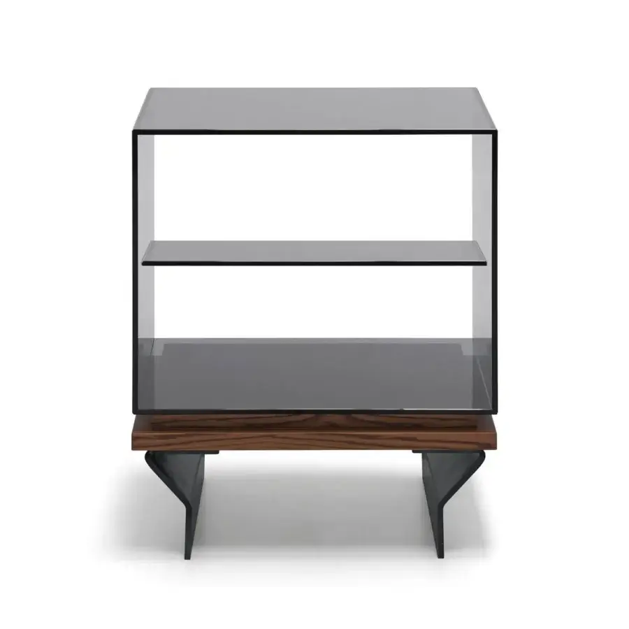 Exceptional Arketipo Soho nightstand in dark wood, glass, and metal with a glossy finish and geometric form crafted in Italy