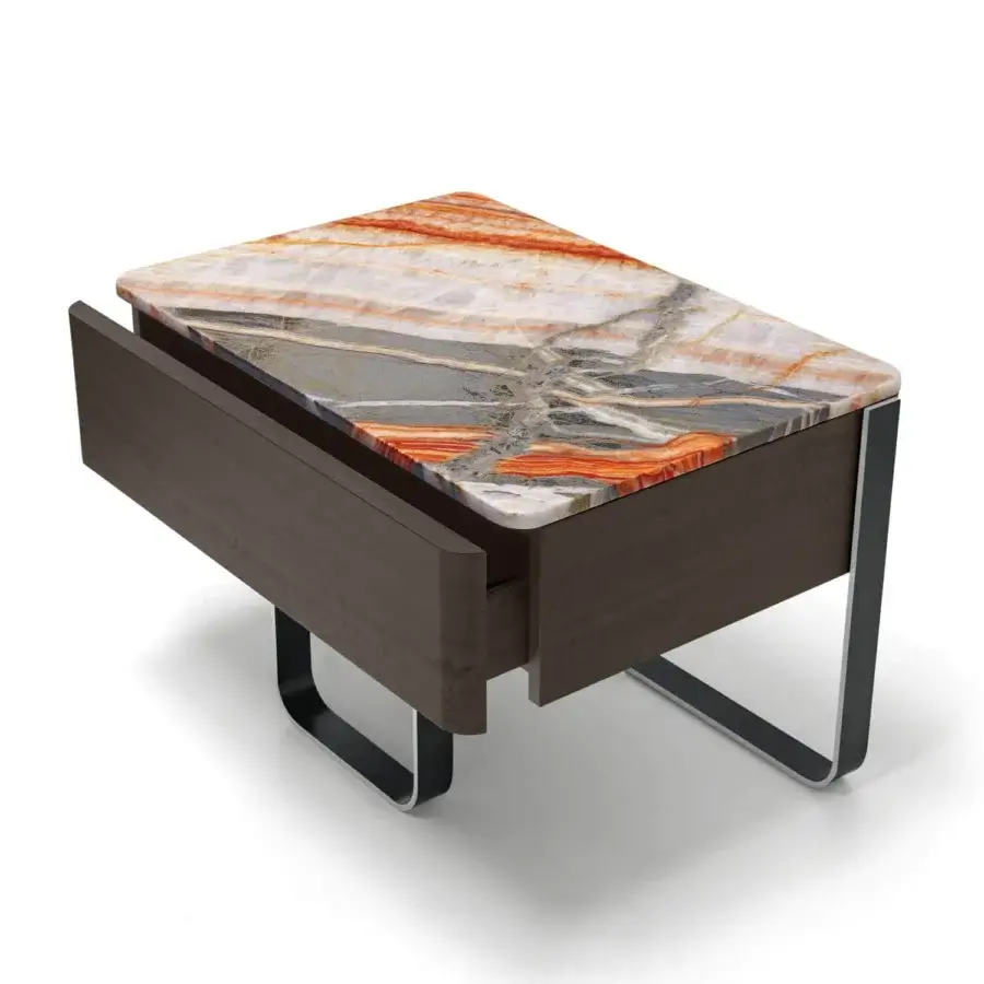Refined Arketipo Effetto Notte nightstand with dark brown wood, curved black metal legs, and a marble top in white, gray, orange, and brown hues