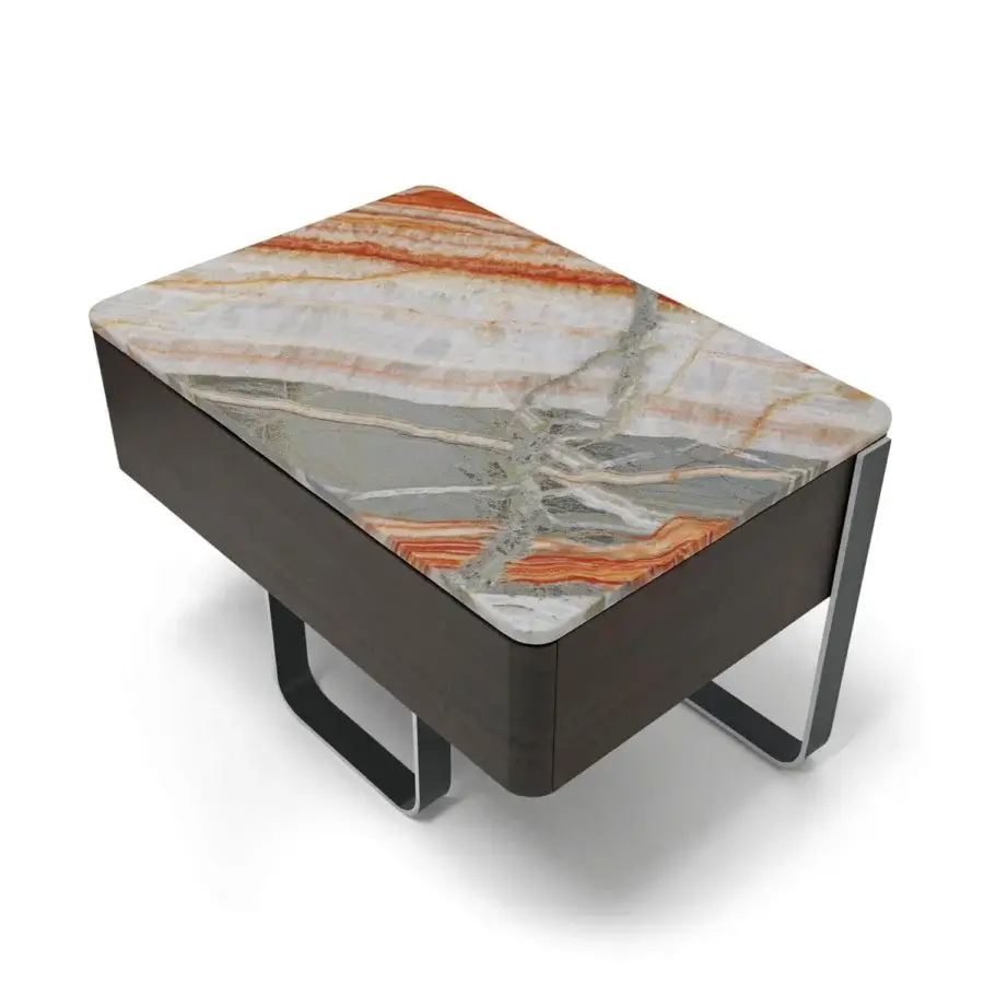 Superior Arketipo Effetto Notte nightstand with dark brown wood, curved matte grey metal legs, and a lustrous marble top