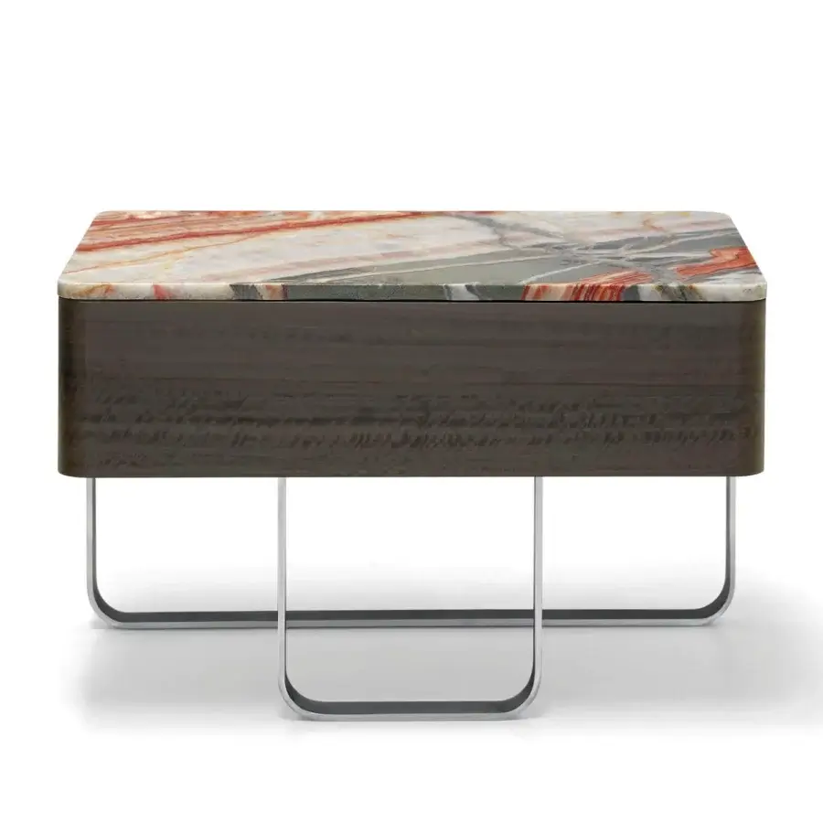 Distinguished Arketipo Effetto Notte nightstand with dark brown wood, swirling marble top, and curved metal legs