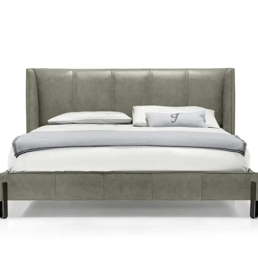 Exceptional Arketipo Big Night bed with angular metal clasp and smooth grayish-green leather-like textile upholstery
