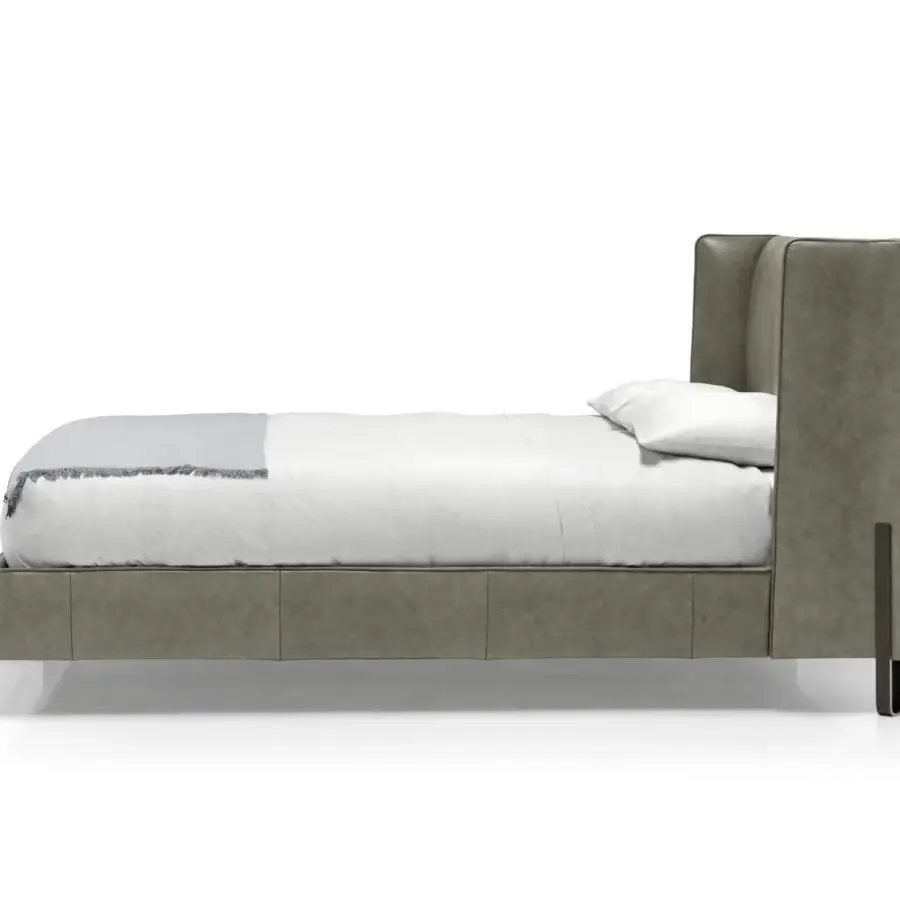 Lavish Arketipo Big Night bed with geometric form and muted gray-green leather cover crafted with exquisite metalwork clasps