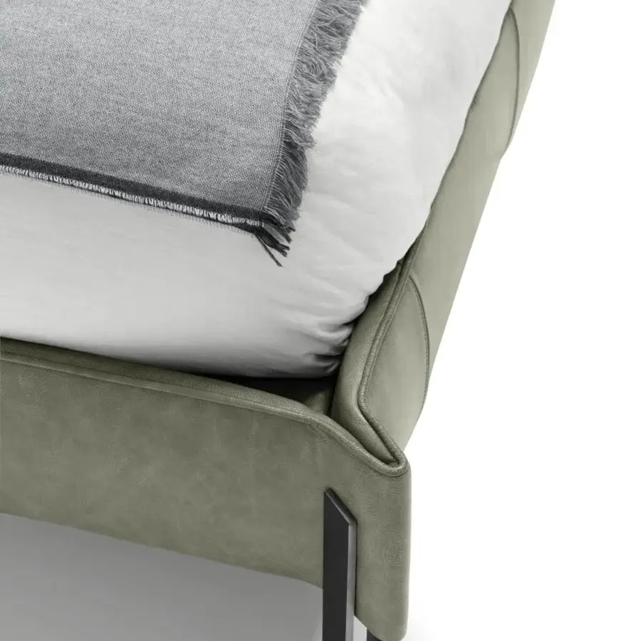 Exceptional Arketipo Big Night bed with muted gray-green leather upholstery and a minimalist metal clasp design