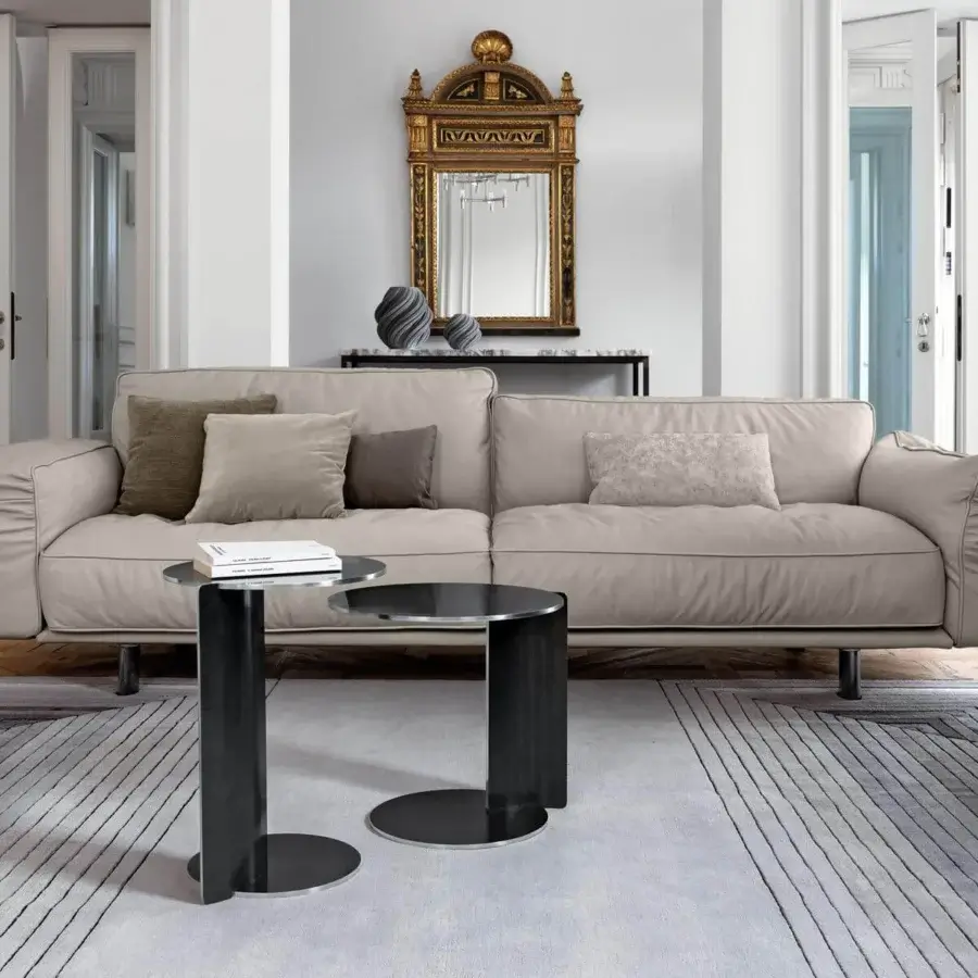 Distinguished Arketipo Joystick side table with dark glossy round top and cylindrical metal and coated wood support