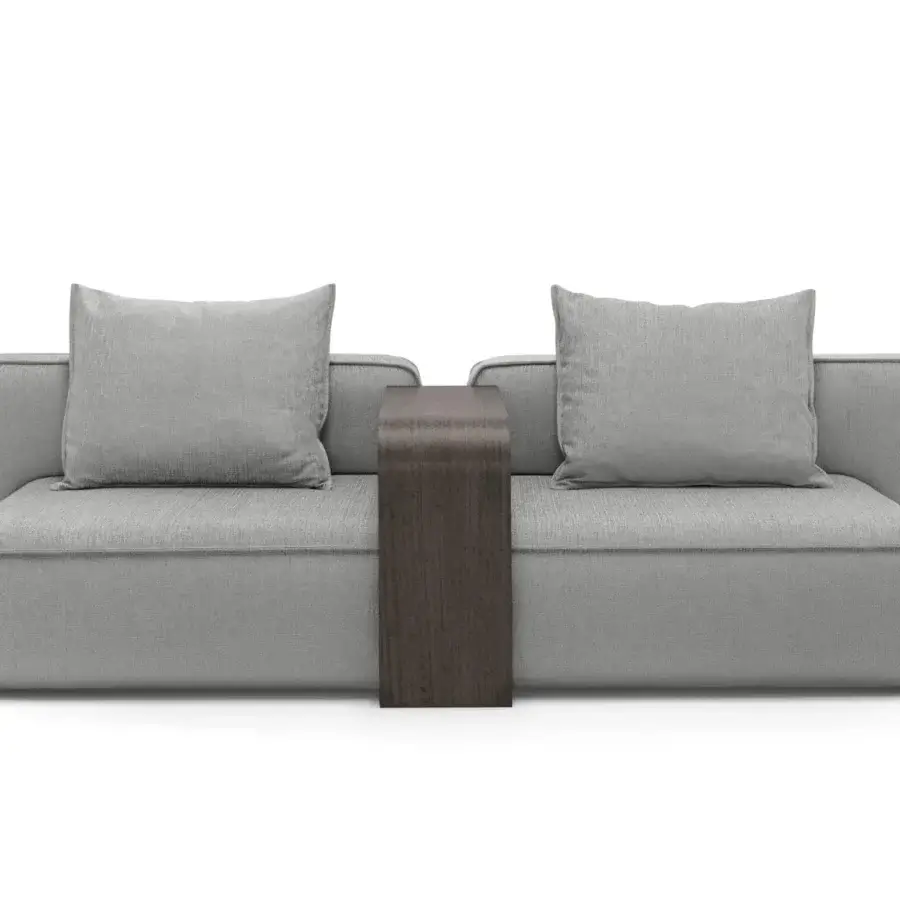 Superior Arketipo Back Pack sofa in light gray woven textile with a dark stained wood central section