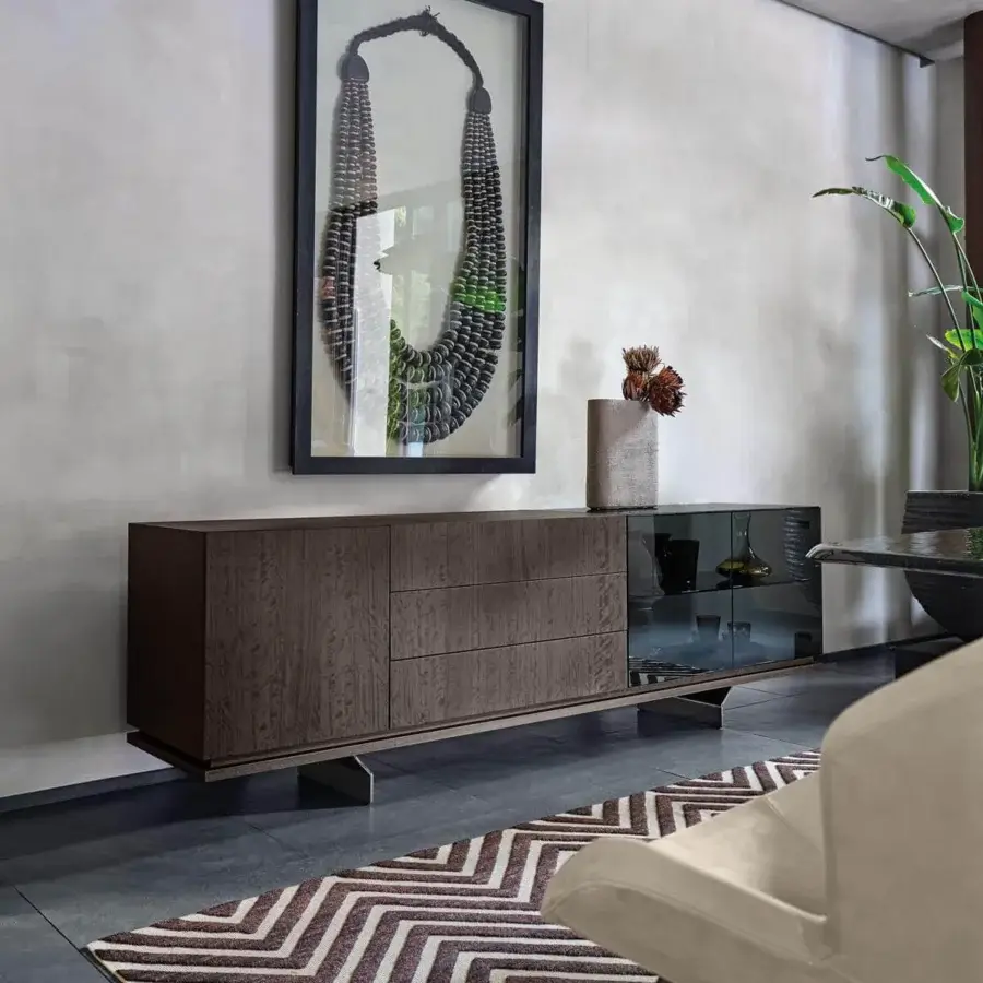 Exceptional Arketipo Brooklyn sideboard crafted with Eucalyptus wood and metal legs, including a smoked glass segment with a sleek finish
