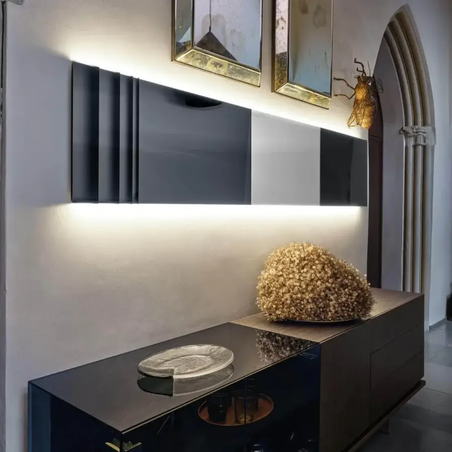Distinguished Arketipo Brooklyn sideboard built with Eucalyptus wood and smoked glass, displaying a matte and glossy finish