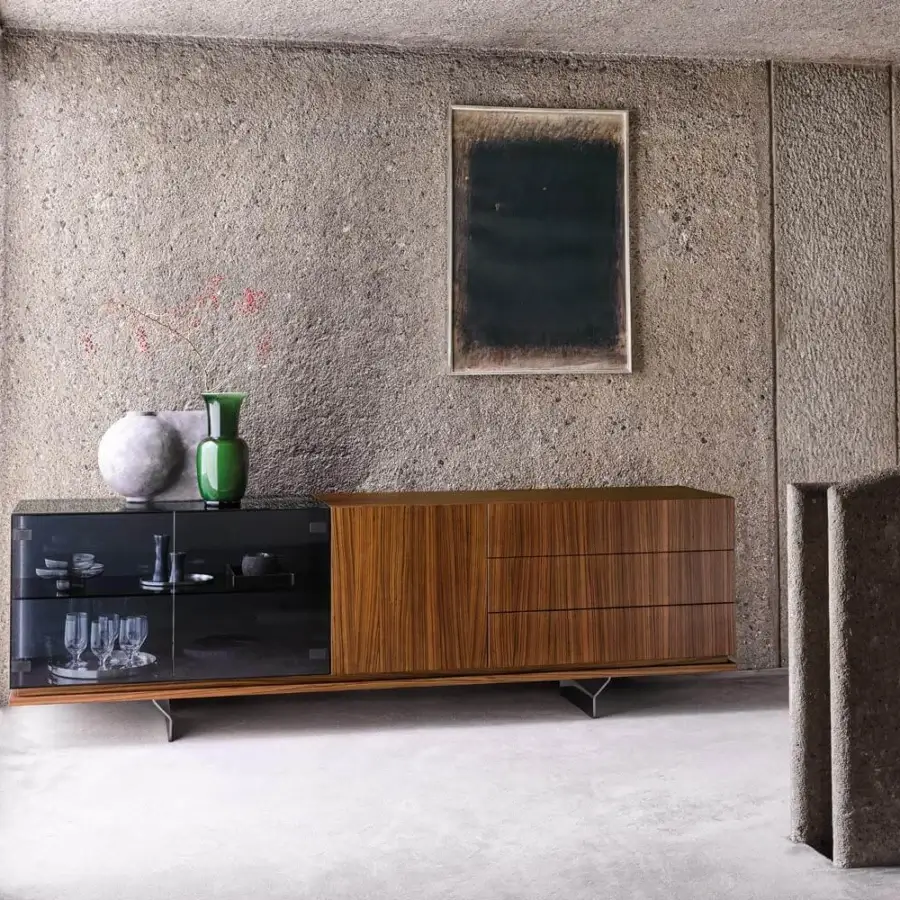 Exceptional Arketipo Brooklyn sideboard crafted with Eucalyptus wood, smoked glass, and medium brown drawers with sleek metal legs