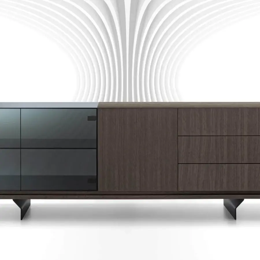Superior Arketipo Brooklyn sideboard with Eucalyptus wood structure, sleek metal legs, and smoked glass segment displaying a dark brown finish