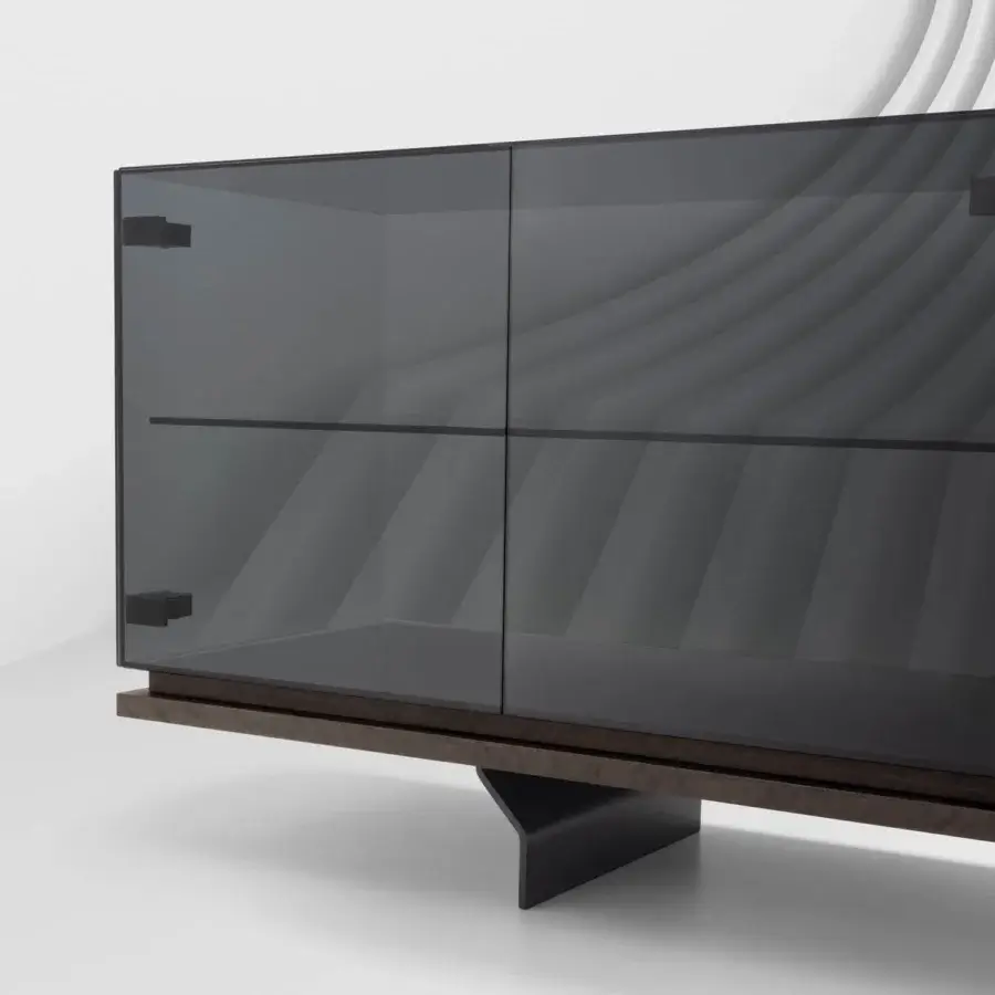 Distinguished Arketipo Brooklyn sideboard crafted in Italy with Eucalyptus wood, smoked glass doors, and sleek metal legs