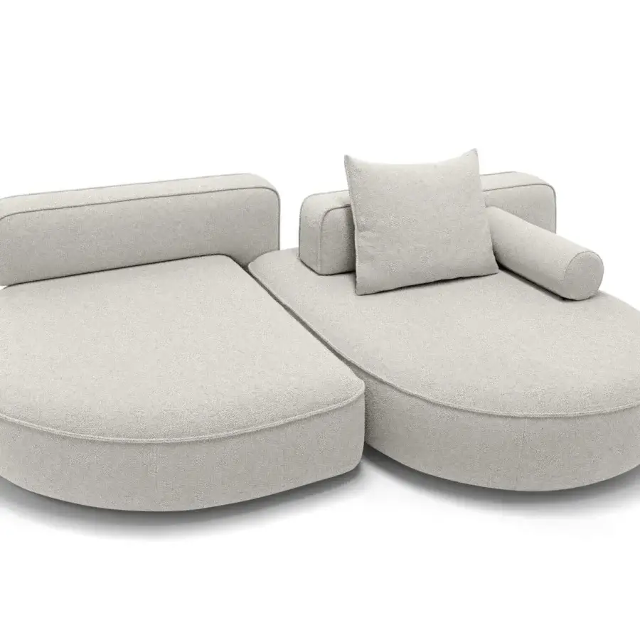 Superior Arketipo Back Pack sectional with light gray textured textile upholstery and skilled wooden sections