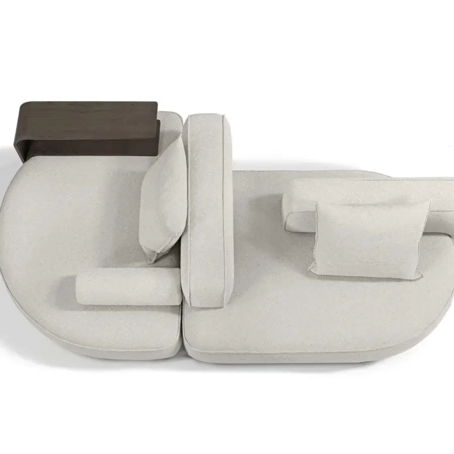 Distinguished Arketipo Back Pack sectional with soft cushions, woven textile covers and attached dark wood surfaces