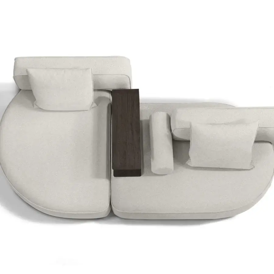 Exceptional Arketipo Back Pack sectional with light beige textile upholstery and a matte finish, built with a connecting dark wooden element