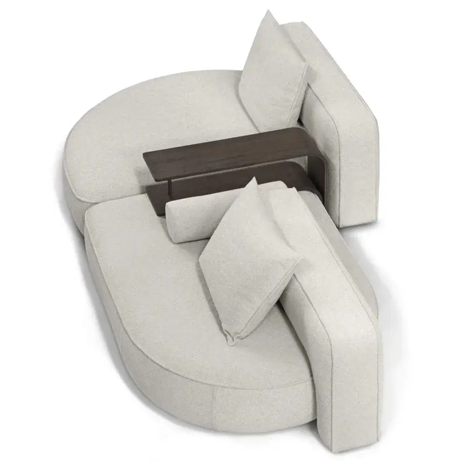 Superior Arketipo Back Pack sectional with neutral textile upholstery and dark wooden table built in Italy