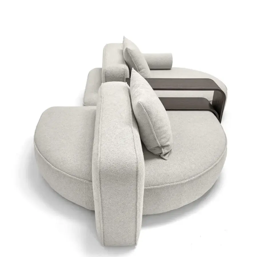 Exceptional Arketipo Back Pack sectional with light gray textile upholstery and dark wood shelf element crafted with a textured matte finish