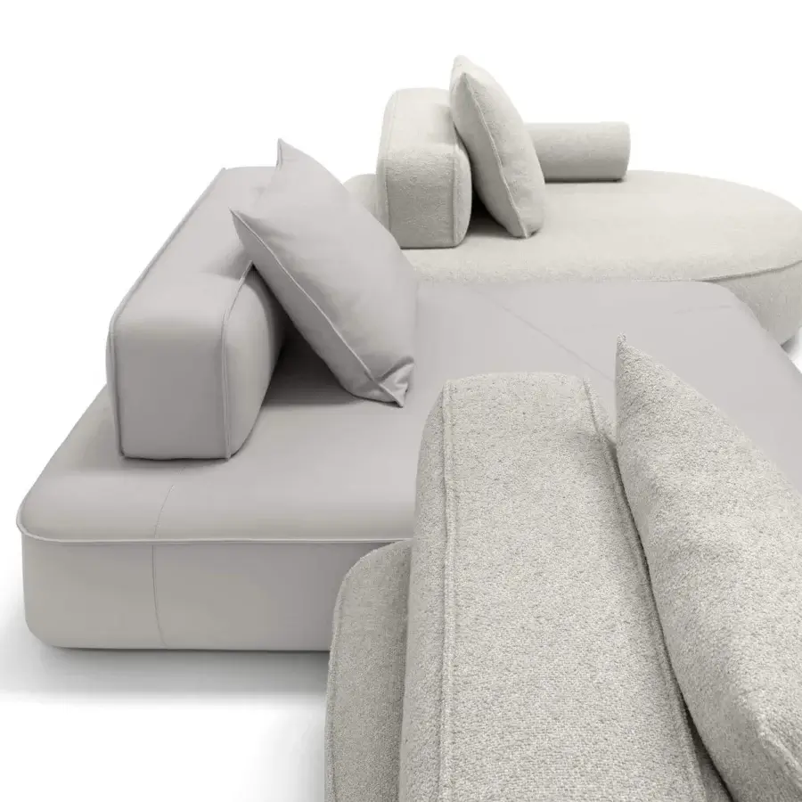 Innovative Arketipo Back Pack sectional with light gray textured textile and smooth material upholstery creating a multi-level arrangement