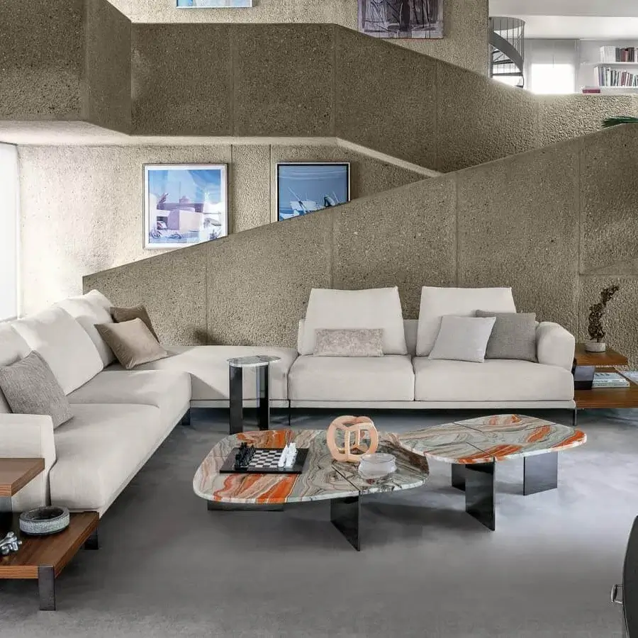 Captivating Arketipo Rumors coffee table in orange, gray and white variegated marble with a dark metal base crafted in Italy