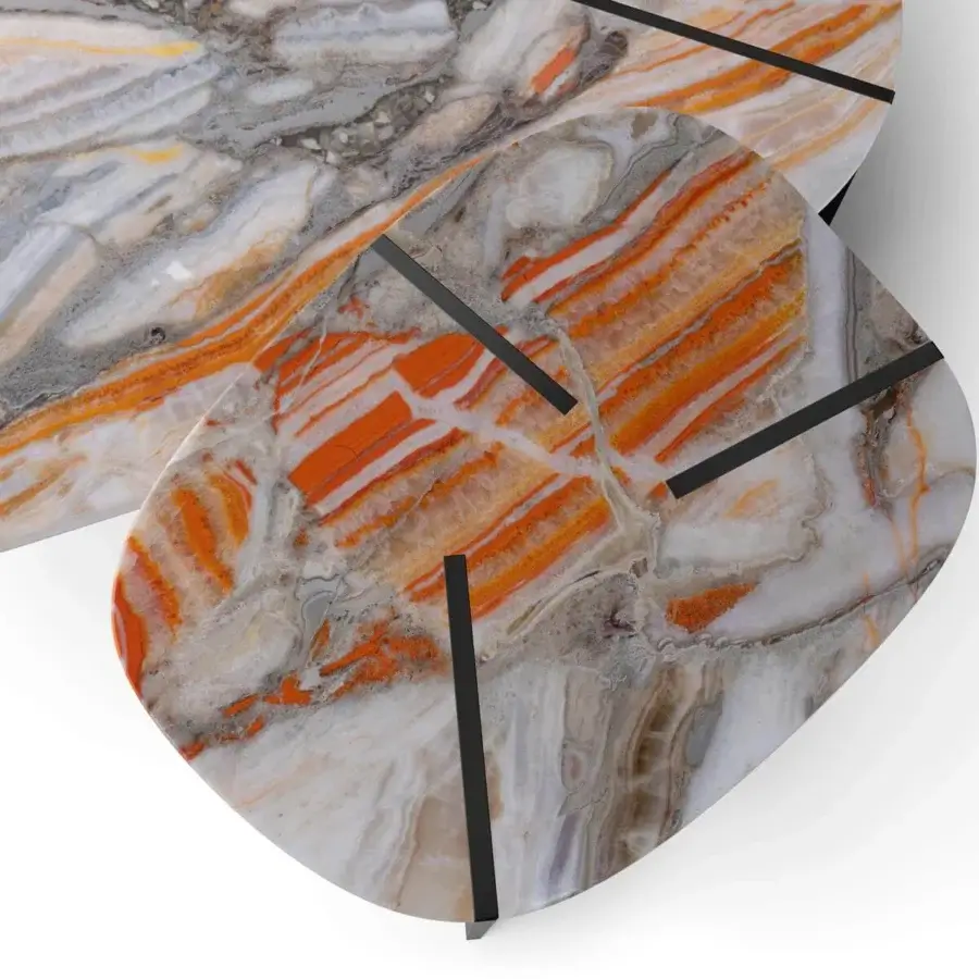 Exclusive Arketipo Rumors coffee table in Italy with white, gray, orange and brown variegated marble plus matte black metal blades