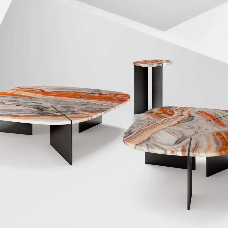 Remarkable Arketipo Rumors coffee table with orange, grey and white marbled stone plus glossy finish and matte black metal blades