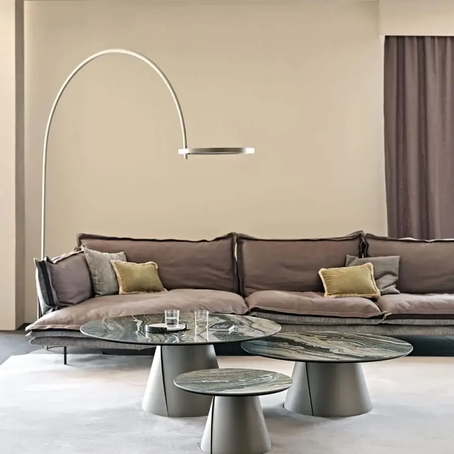 Distinguished Cattelan Italia Albert Keramik coffee tables with marbled ceramic tops and embossed lacquered steel conical bases