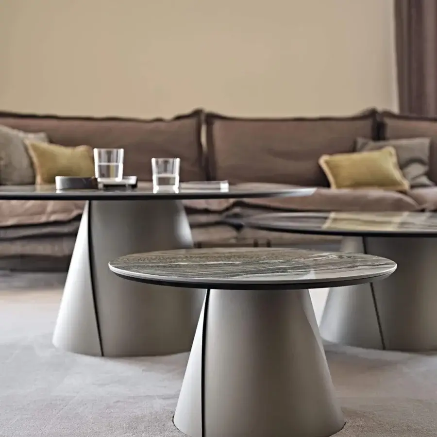 Elegant Cattelan Italia Albert Keramik coffee table with ceramic Marmi tops and embossed lacquered steel base