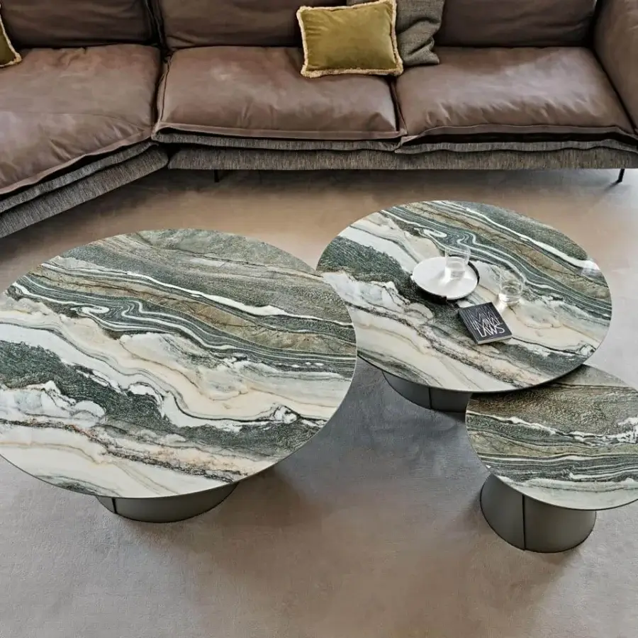Superior Cattelan Italia Albert Keramik coffee tables with conical bases in embossed lacquered steel and swirling ceramic Marmi tops