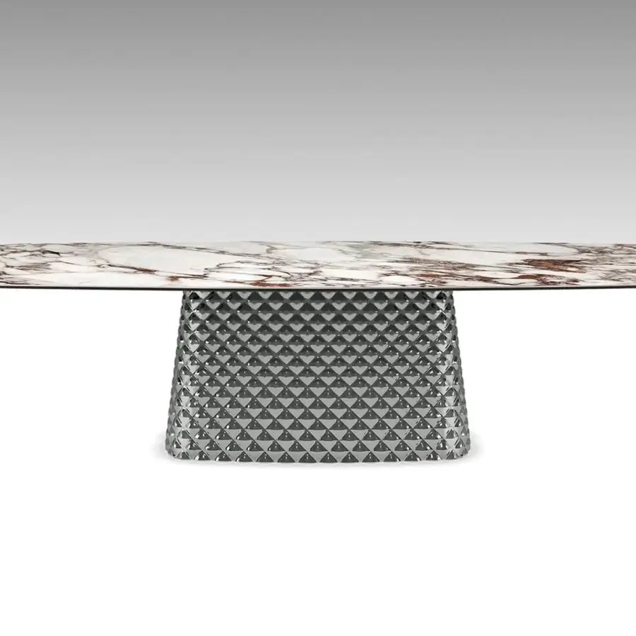 Elegant Cattelan Italia Atrium table with captivating ceramic Marmi top and quilted mirrored curved glass pedestal base