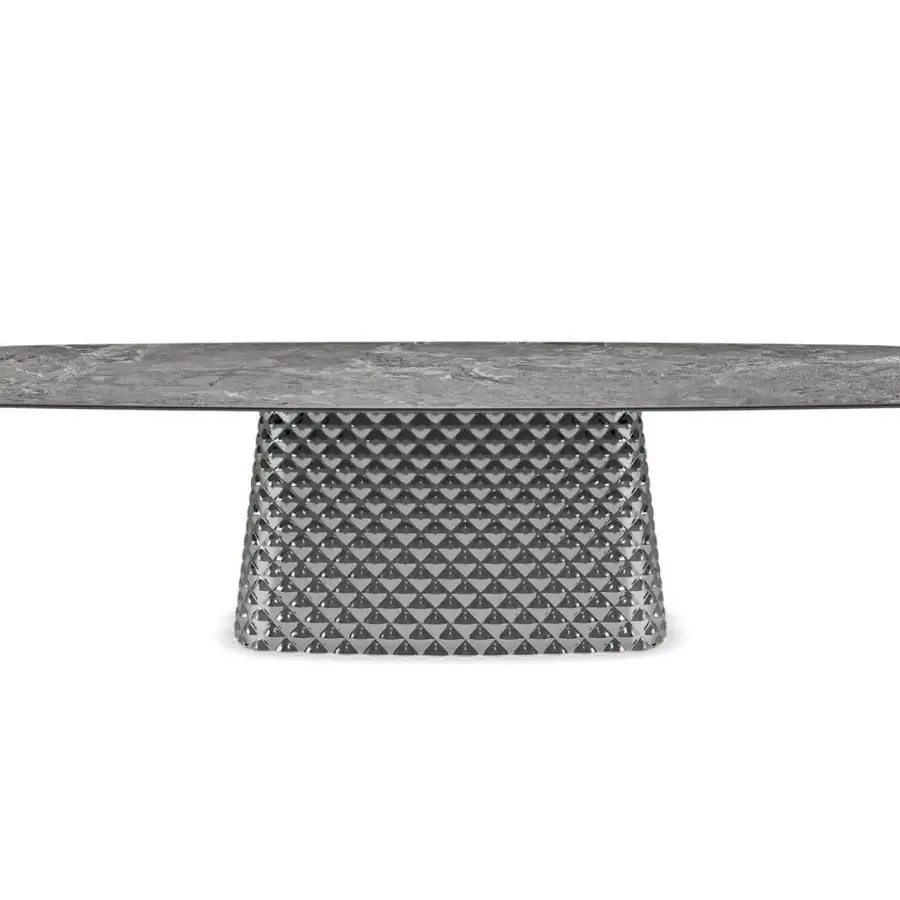 Distinguished Cattelan Italia Atrium table with cool gray ceramic Marmi top and mirrored quilted curved glass base