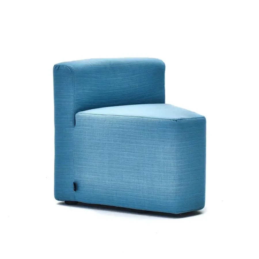 Refined Varaschin In&out chair with horizontally striped medium blue synthetic fiber upholstery and solid okoumè wood structure