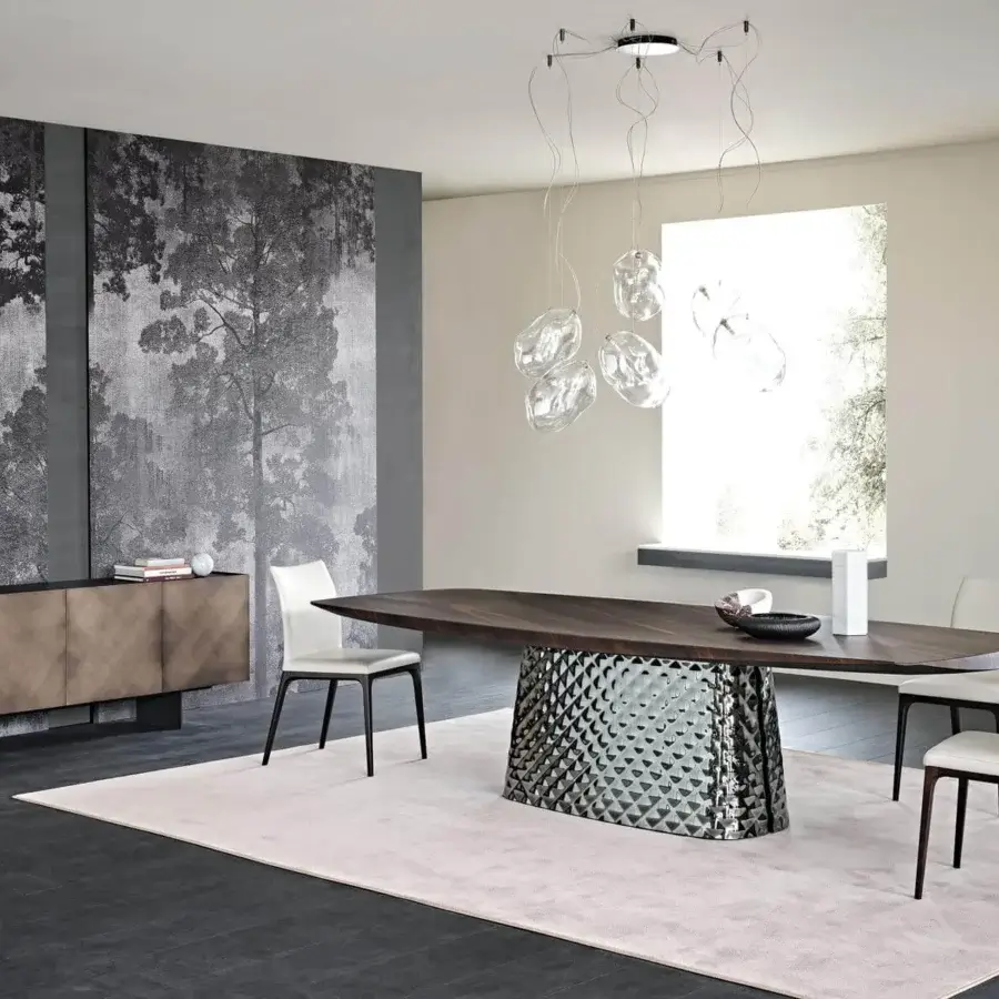 Elegant Cattelan Italia Atrium Wood table with quilted curved glass base and barrel-shaped Canaletto walnut top in dark brown finish