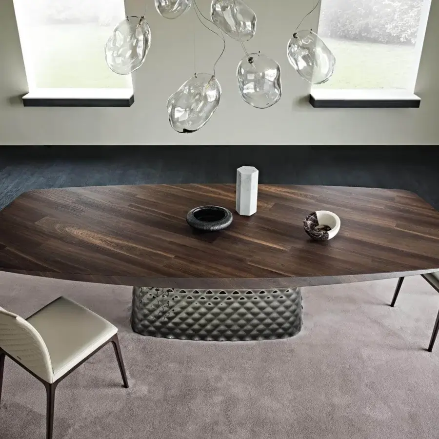 Exceptional Cattelan Italia Atrium Wood table with boat-shaped top in burned oak and quilted curved mirrored glass base