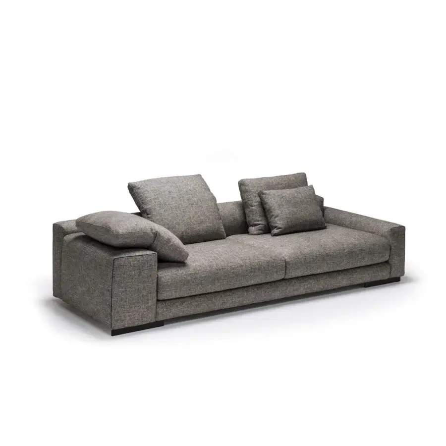 Exceptional Arketipo Atlas sofa with textured muted gray textile upholstery and architectonic form