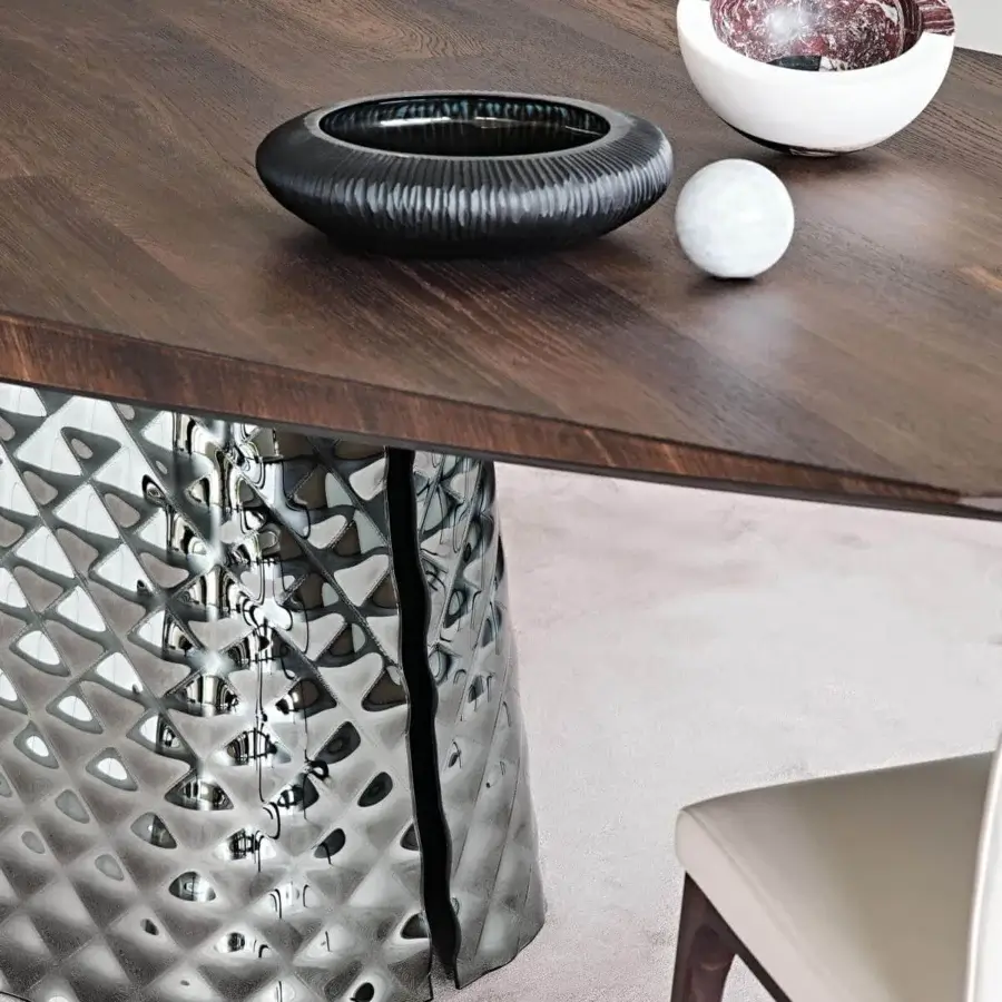 Lavish Cattelan Italia Atrium Wood table with barrel top in Canaletto walnut and quilted curved mirrored glass base