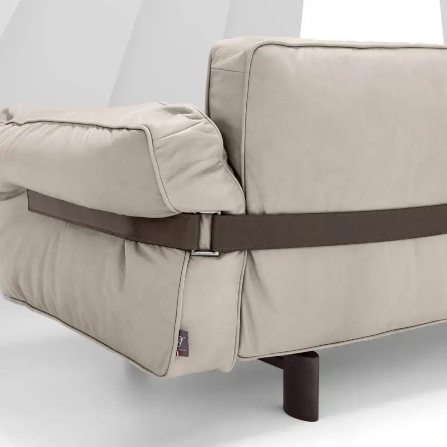 Exclusive Arketipo Close to Me sofa with light beige textile and wraparound brown leather belt, built with elliptical dark metal feet