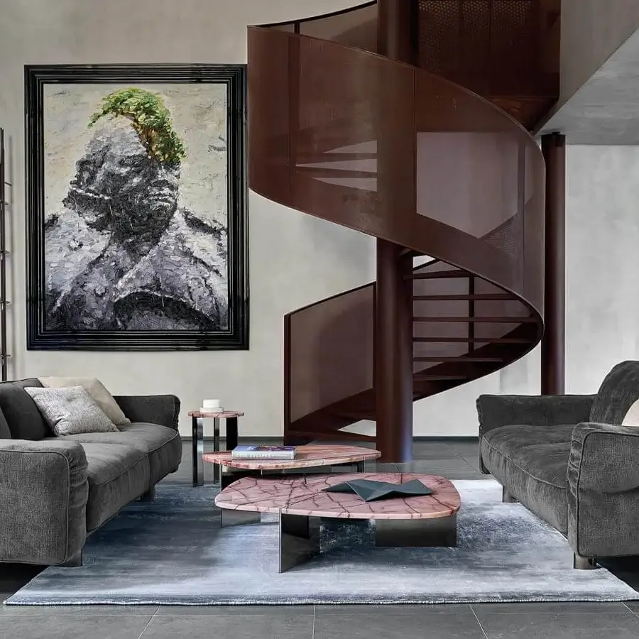 Distinctive Arketipo Close to Me sofa with dark gray textile and billowy cushions exhibiting shabby-chic elegance with a wraparound leather belt