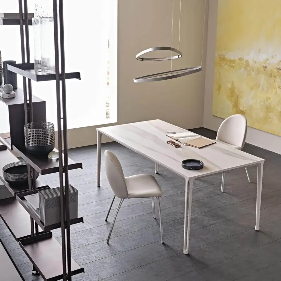 Distinguished Cattelan Italia Boulevard table with white ceramic Marmi top and embossed lacquered aluminum legs in a matte finish