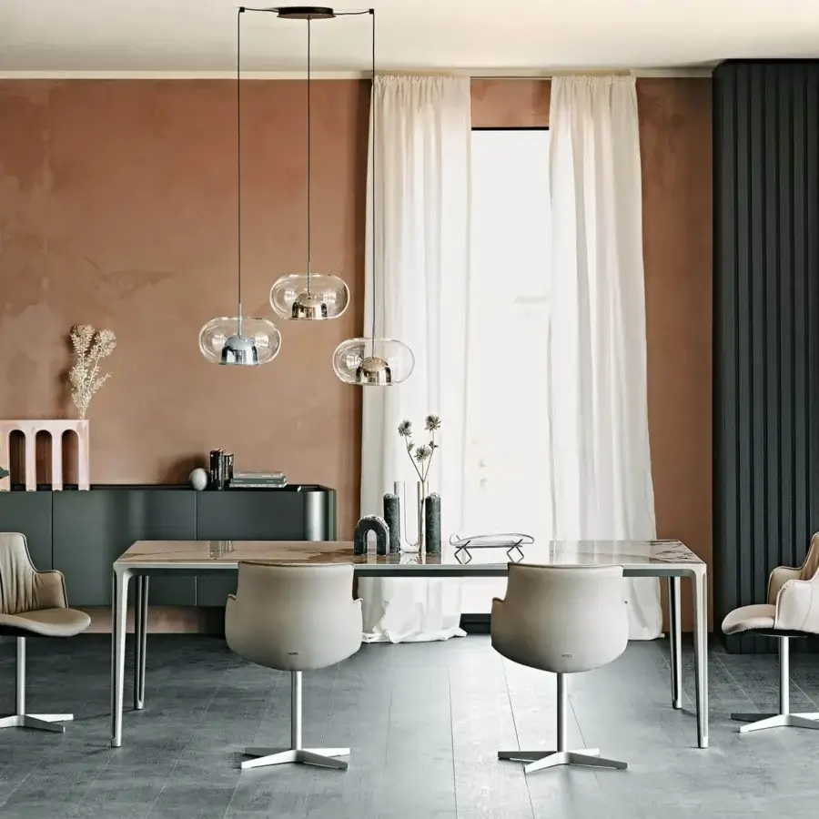 Distinctive Cattelan Italia Boulevard table with beige and light brown Keramik Marmi top and embossed lacquered silver metallic aluminum legs