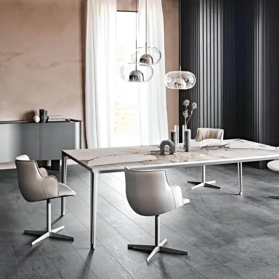 Elegant Cattelan Italia Boulevard table with a light ceramic Marmi top and silver embossed lacquered aluminum legs