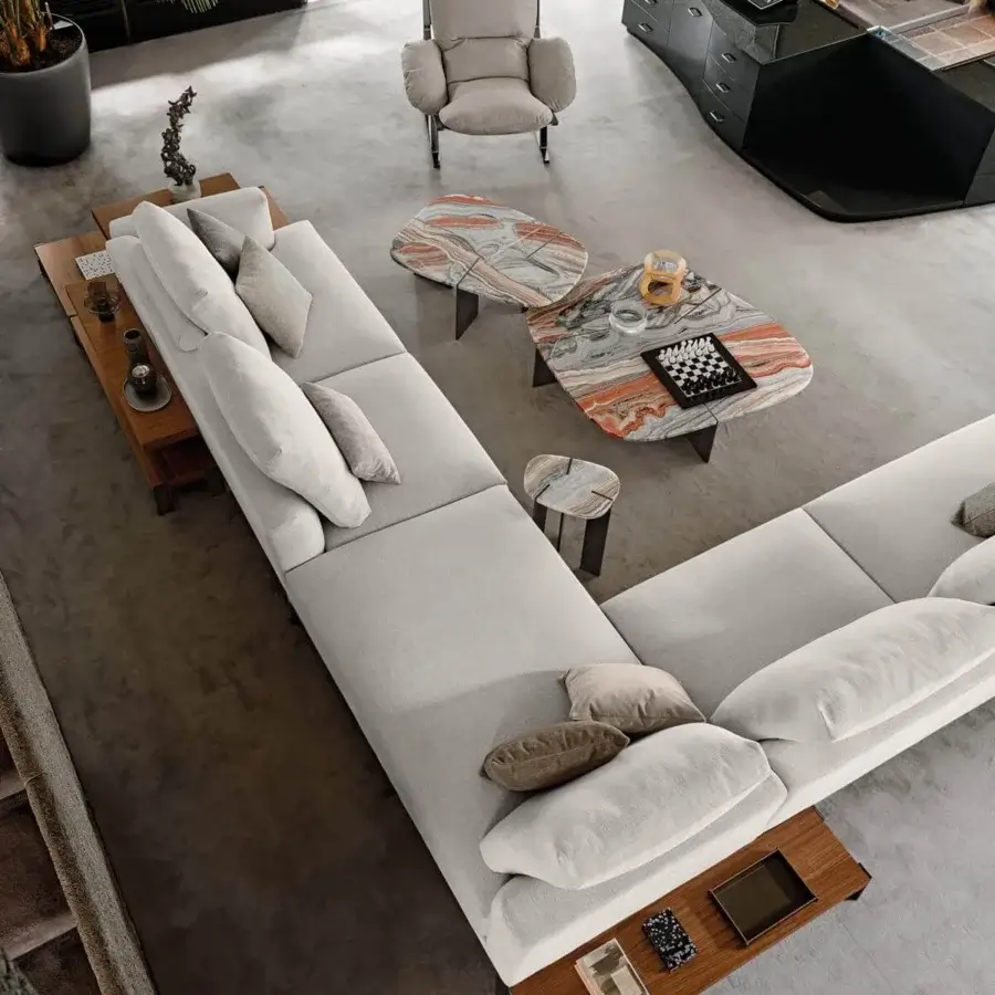 Stylish Arketipo That's Life sectional with autonomous platforms upholstered in light gray textile boasting a matte finish