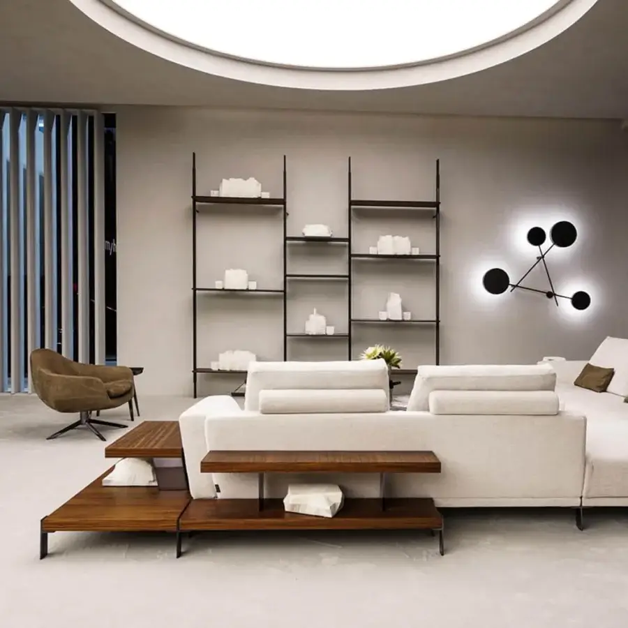 Distinguished Arketipo That's Life sectional in light textile with wood stepped side tables and dark finish