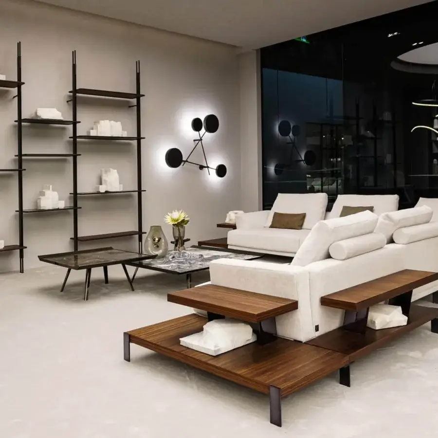 Sophisticated Arketipo That's Life sectional in light beige textile with matte finish and integrated wood marble platforms