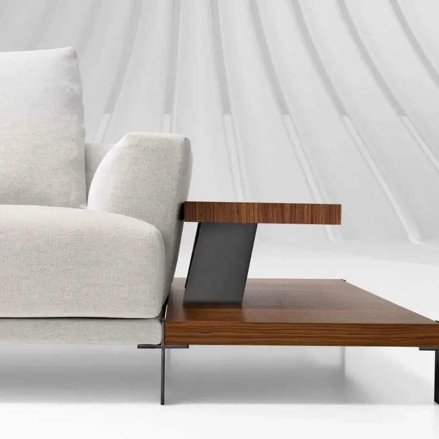 Exceptional Arketipo That's Life sectional in light textured textile with dark wood platforms and slender legs
