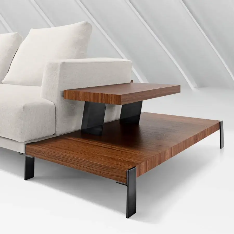 Distinguished Arketipo That's Life sectional in light beige woven textile with dark-stained wood and black metal supports