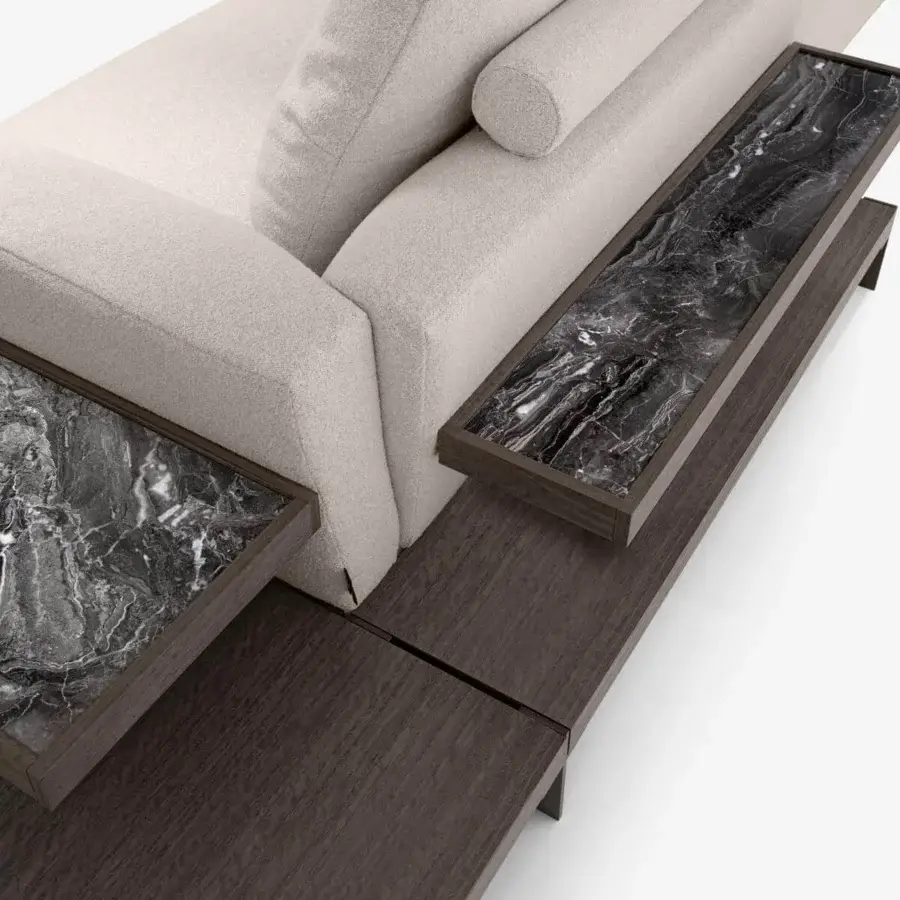 Superior Arketipo That's Life sectional in off-white cushions with integrated dark wood and dark marble side tables