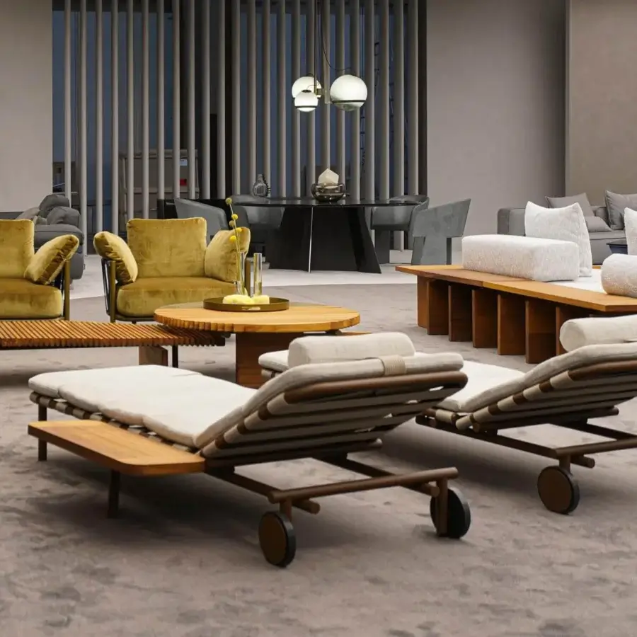 Exceptional Arketipo Argentario lounger with warm brown matte wood and light beige geometric textile cushions built on a wheeled base
