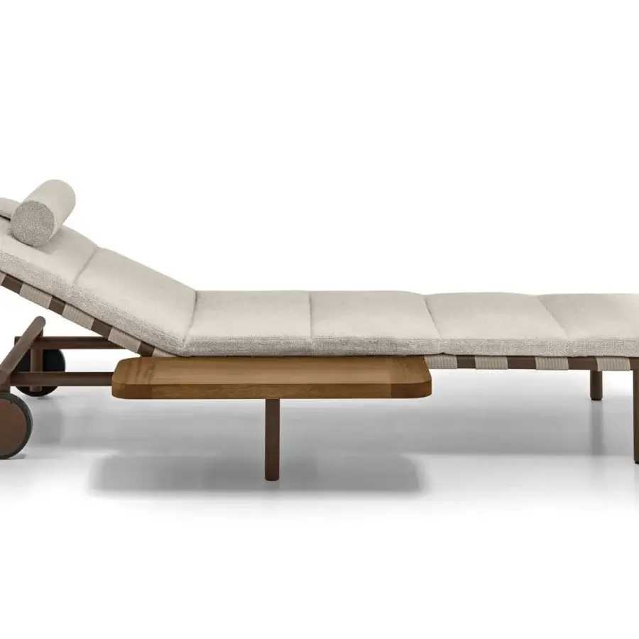 Distinguished Arketipo Argentario lounger in light beige textile with dark brown matte wood and integrated functional surface