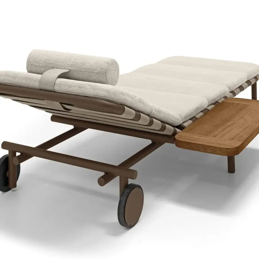 Captivating Arketipo Argentario lounger crafted in light beige textile with a brown matte finished frame and integrated side table
