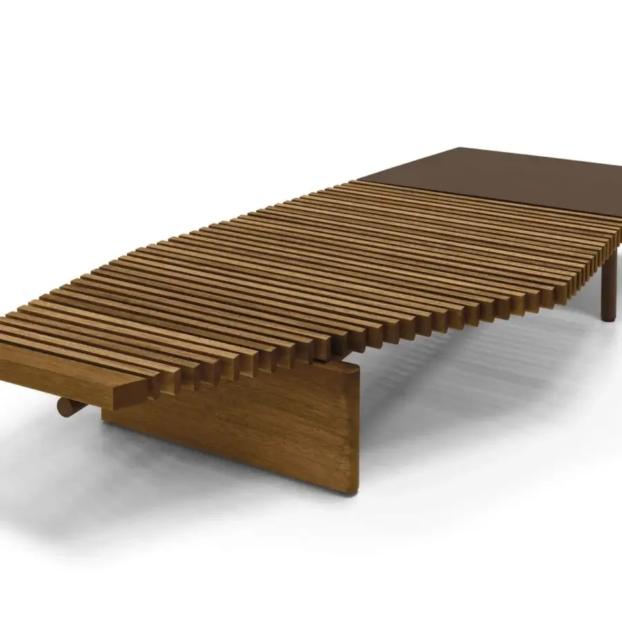 Distinguished Arketipo Talamone coffee table with contrasting wood slats and geometric metal accents in warm brown tones