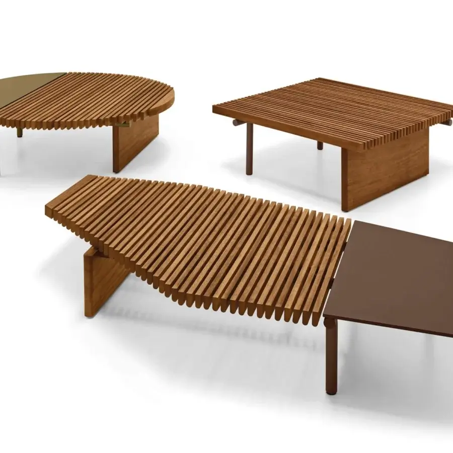Superior Arketipo Talamone coffee table with wood and metal finishes in abstract graphic compositions crafted with a smooth natural tone
